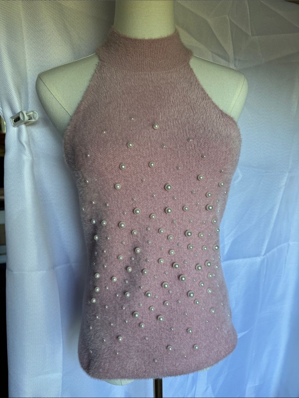 Zara Pink Pearl-Embellished Halter Turtleneck Sweater (runs small)